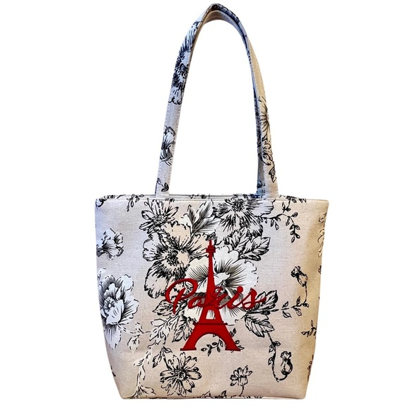 Paris France Tote Bag Zip Top Embroidered Eiffel Tower Floral Cream Black Red - Picture 1 of 17
